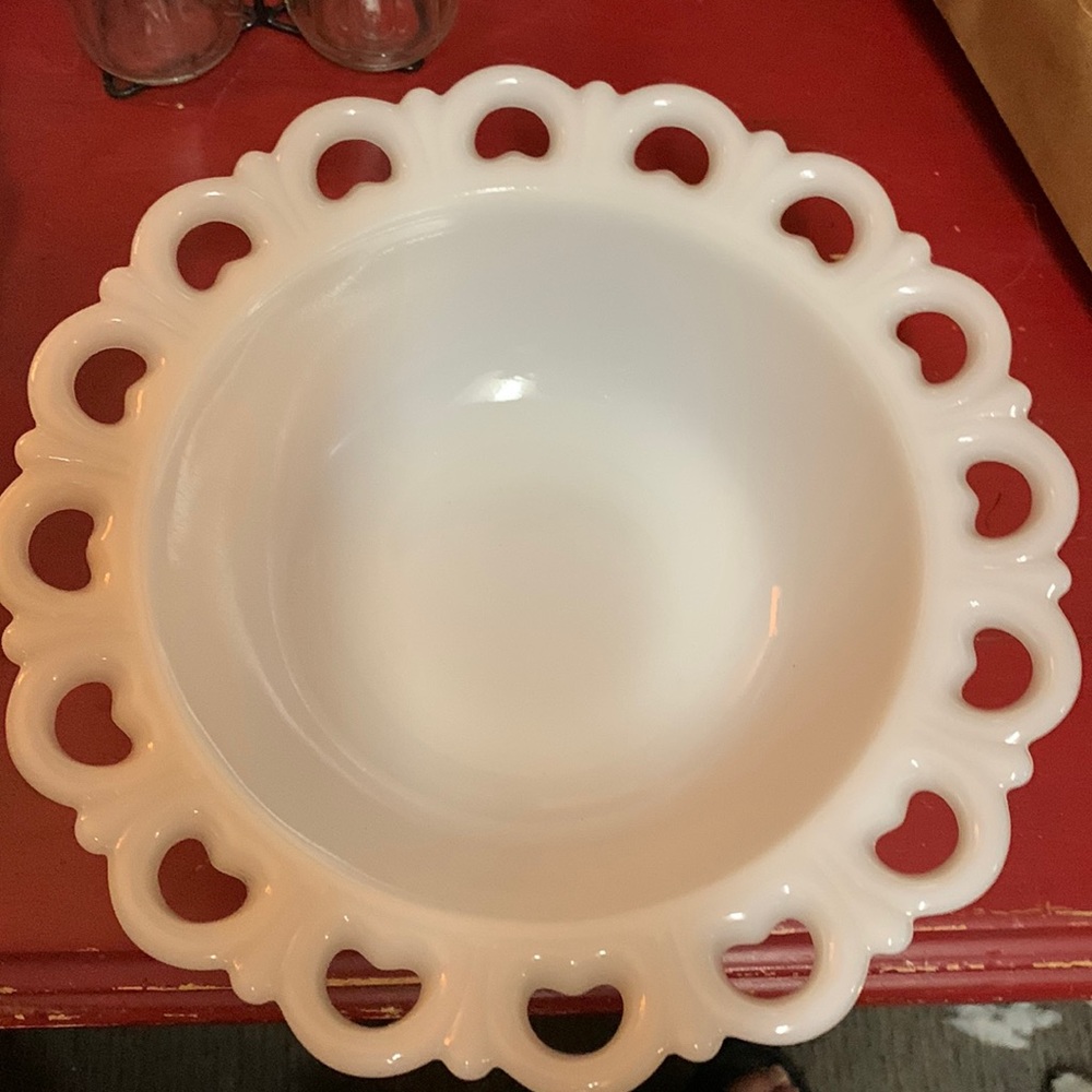 Milk glass bowl open lace white